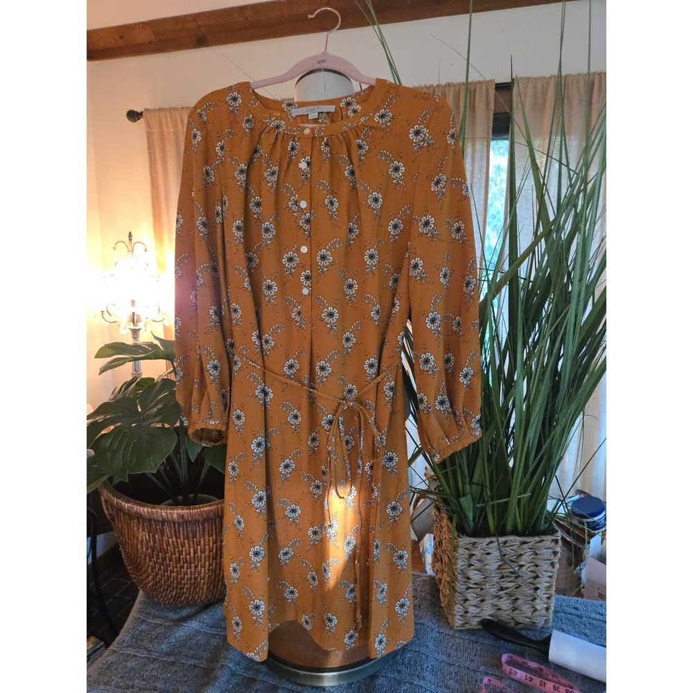 LOFT Mustard Yellow Floral Button Front Long Sleeve Tie Waist Shirt Dress
